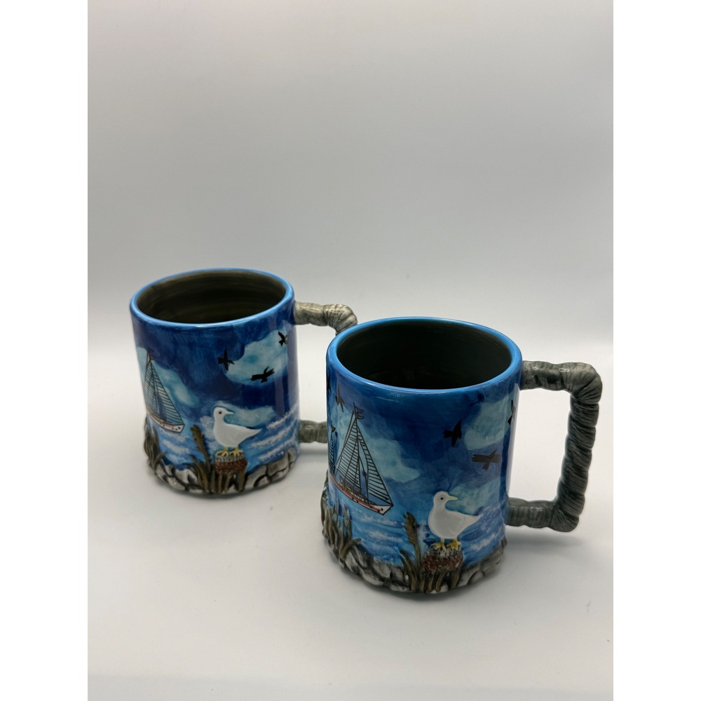 HZ Nautical Ceramic Mugs Set of 2 Sailboat Lighthouse Seagull‎ Rope Handle Blue